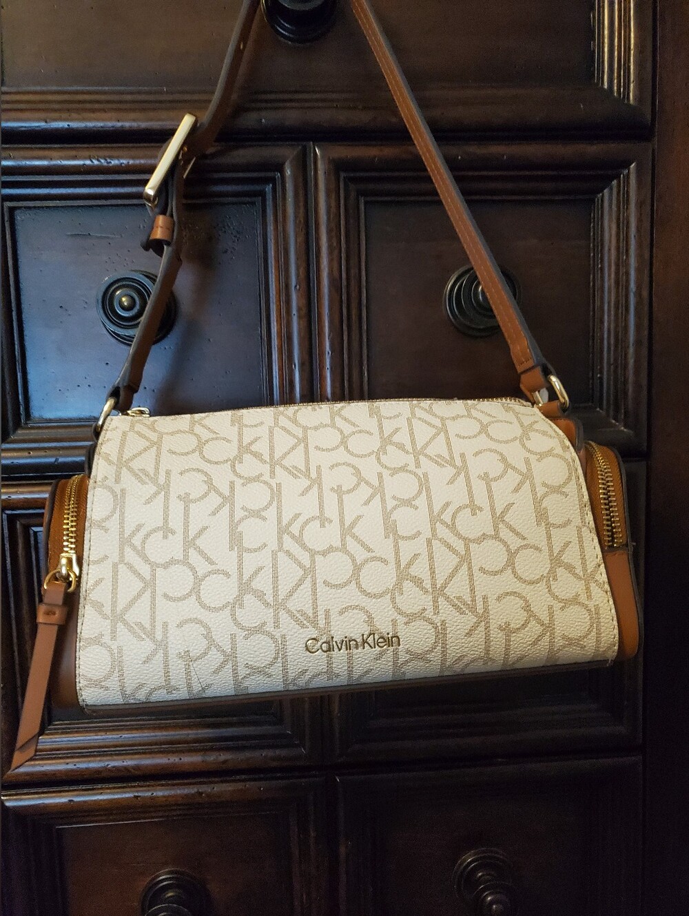 Calvin Klein Cream Monogram Shoulder Bag with Tan Accents